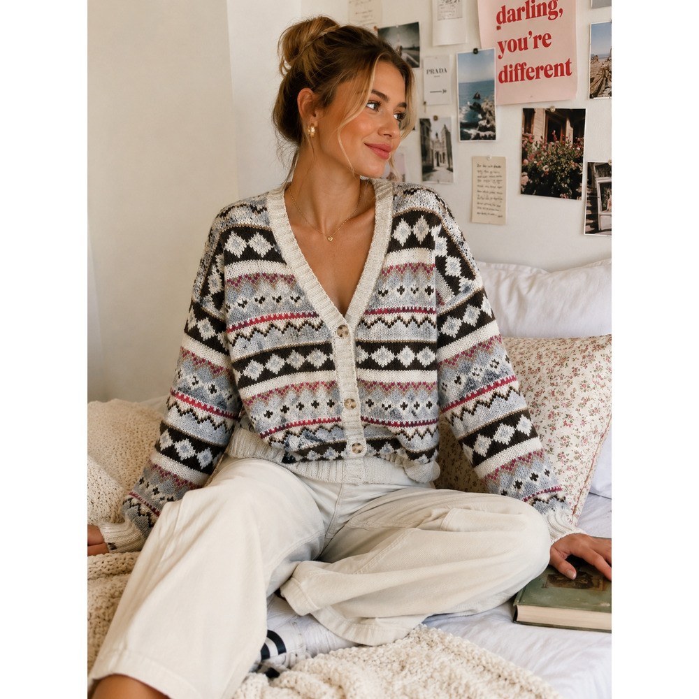 American Eagle Fair Isle Cardigan Soft Cozy Preppy Cottage Core Sweater SP